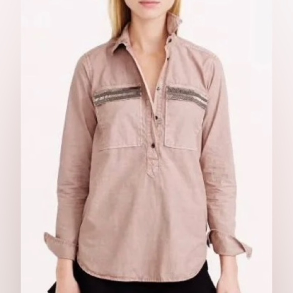 NWT J Crew Beaded chevron popover shirt in taupe Size 10